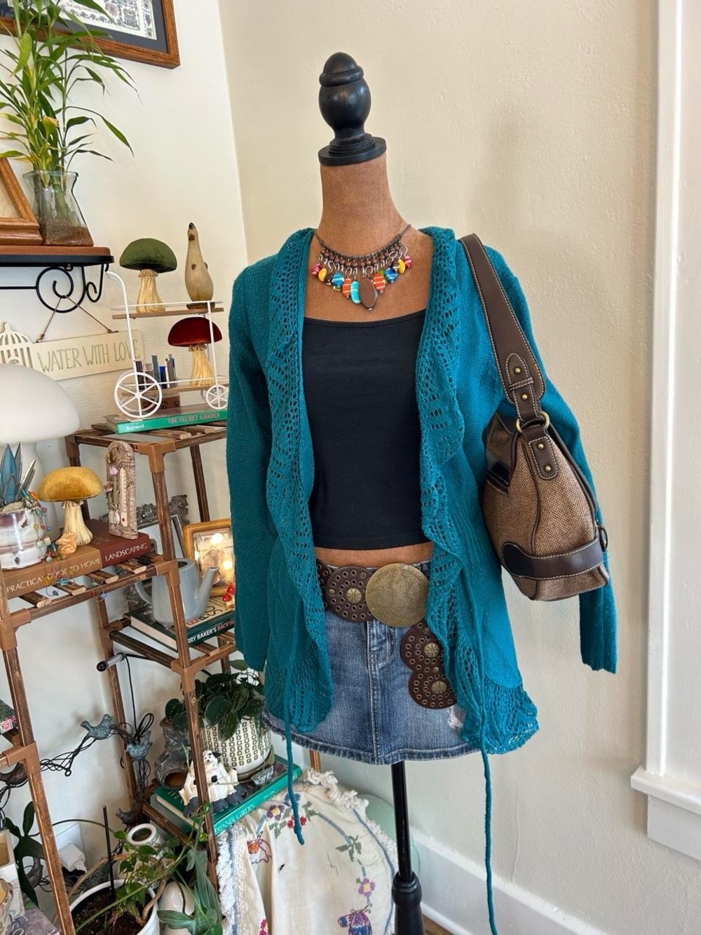 Y2K Boho Teal Ruffle Hem Tie Waist Cardigan Sweater by Elle